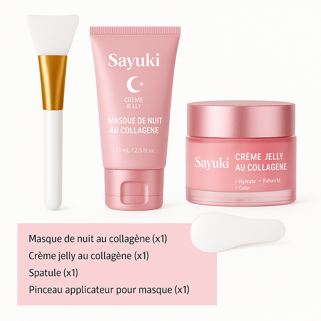 Crème de gelée au collagène + Masque facial de nuit au collagène hydrolysé. Masque peel - off enveloppant hydratant et raffermissant. - Sayuki