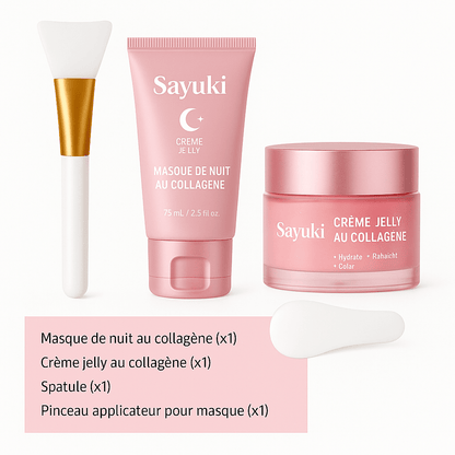 Crème de gelée au collagène + Masque facial de nuit au collagène hydrolysé. Masque peel - off enveloppant hydratant et raffermissant. - Sayuki