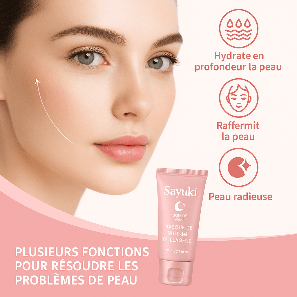 Crème de gelée au collagène + Masque facial de nuit au collagène hydrolysé. Masque peel - off enveloppant hydratant et raffermissant. - Sayuki
