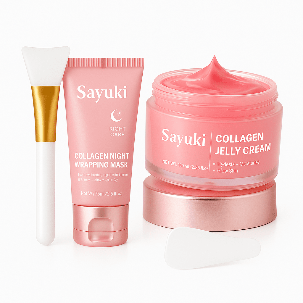 Crème de gelée au collagène + Masque facial de nuit au collagène hydrolysé. Masque peel - off enveloppant hydratant et raffermissant. - Sayuki