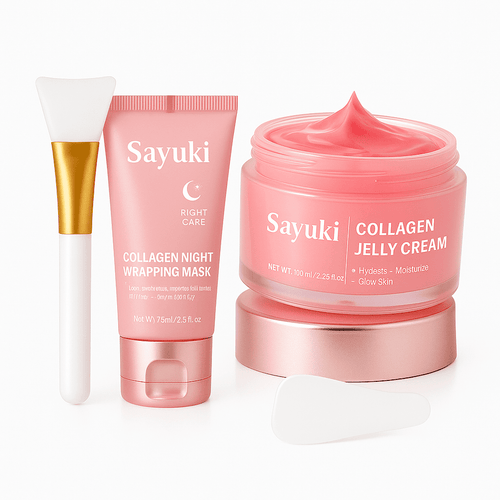 Crème de gelée au collagène + Masque facial de nuit au collagène hydrolysé. Masque peel - off enveloppant hydratant et raffermissant. - Sayuki